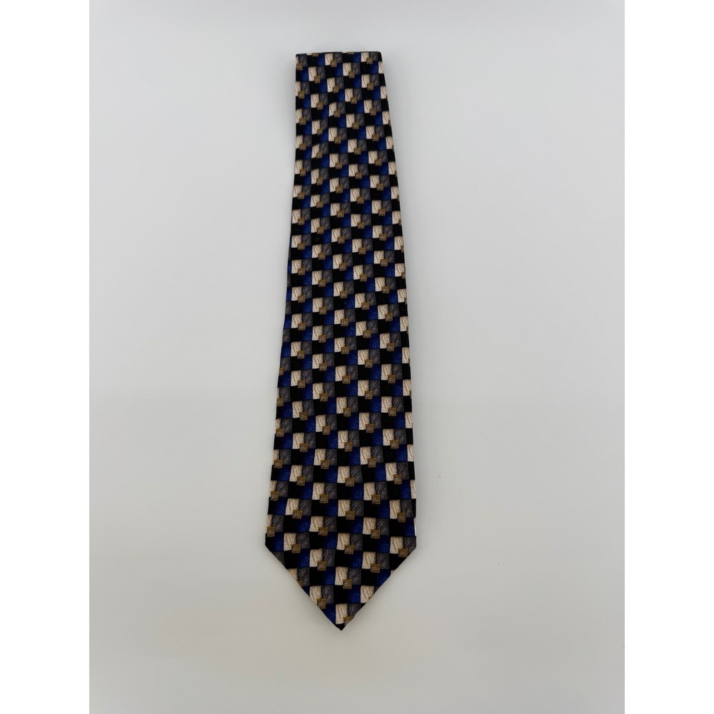 JZ Richards Mens Silk Tie Blue Black Geometric Check Handcrafted USA Jake & Eds
